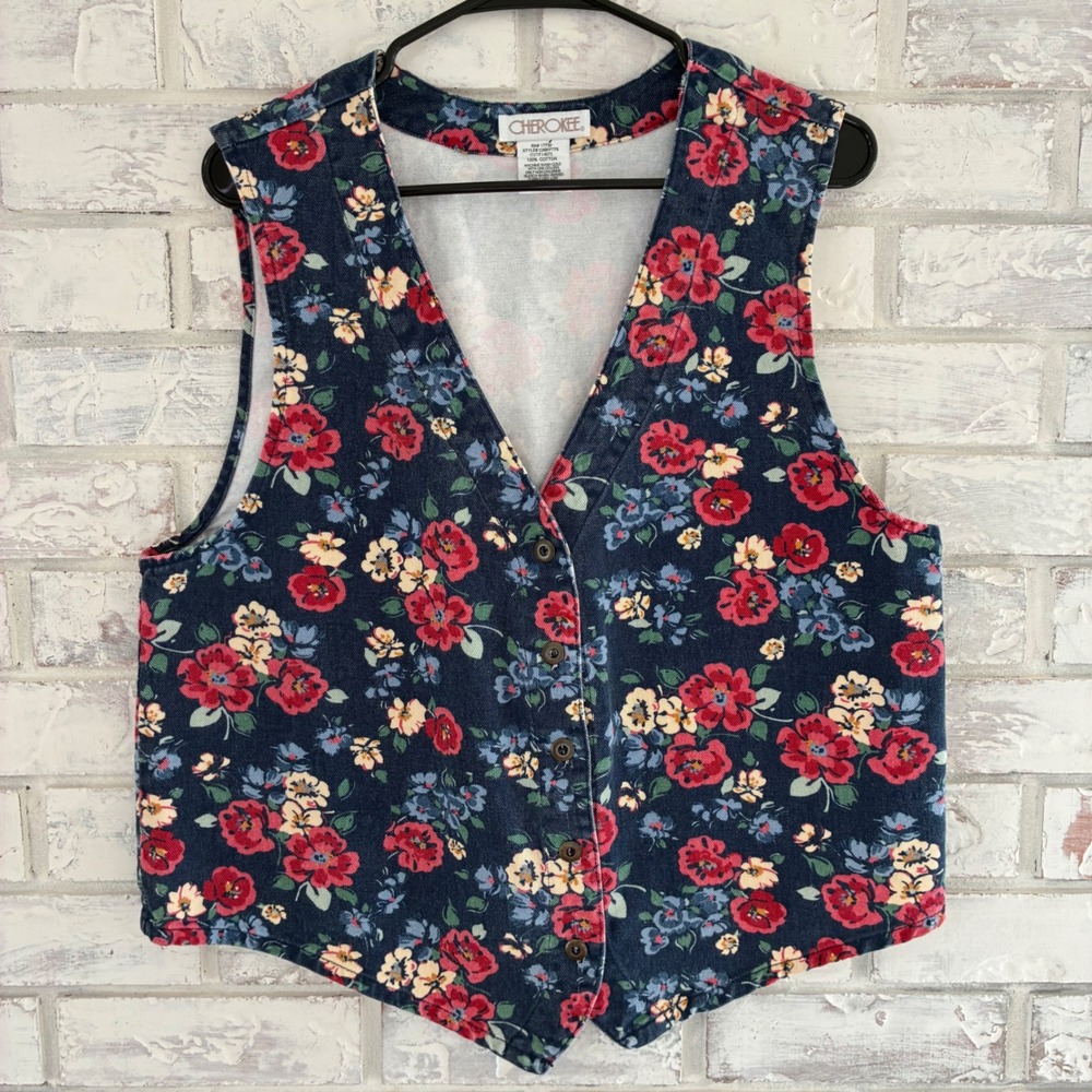 Vintage Cherokee Floral Denim Vest Womens Medium 90s Cottagecore Western M